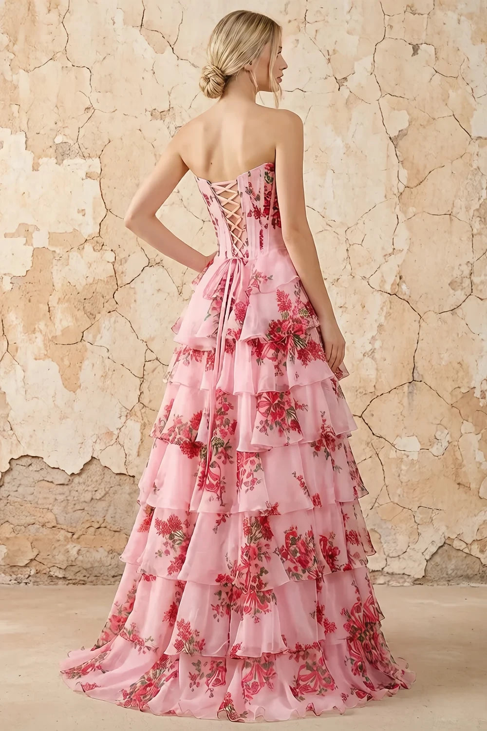 Translation missing: en.Martha Dusty Rose Floral corset tiered ruffle A-line maxi dress with lace-up back and slit - product photo 2 content.product_image_secondary