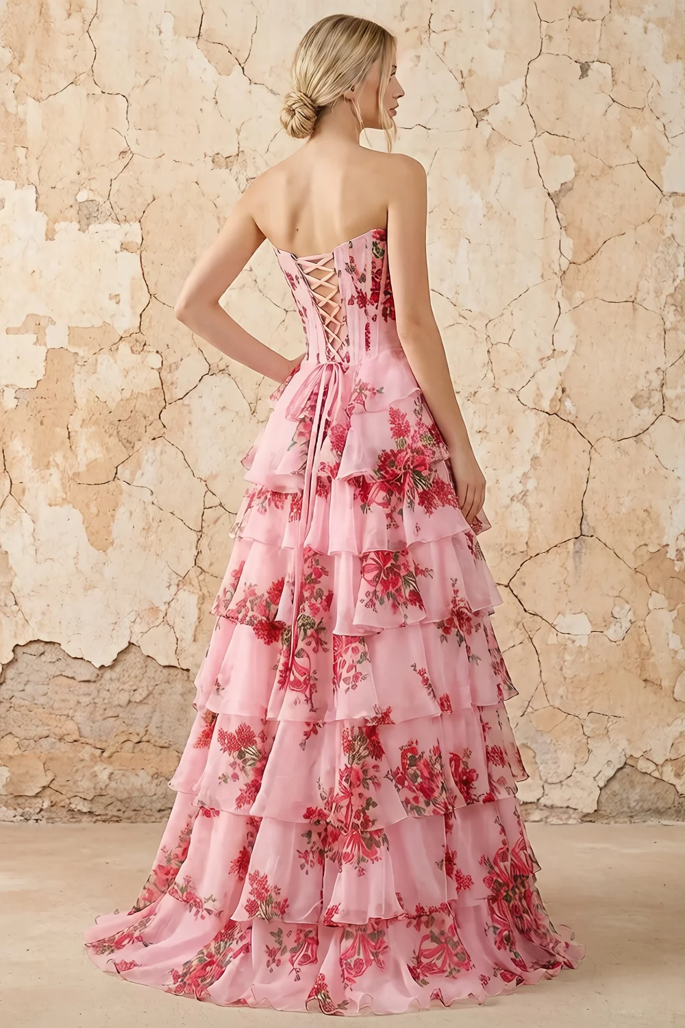 Martha Dusty Rose Floral Corset Ruffle A-line Maxi Dress