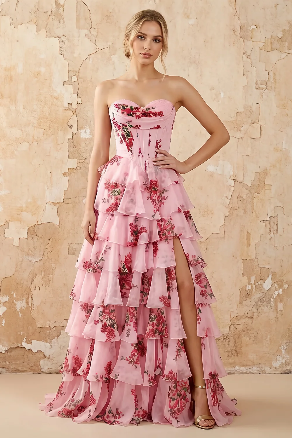 Martha Dusty Rose Floral Corset Ruffle A-line Maxi Dress