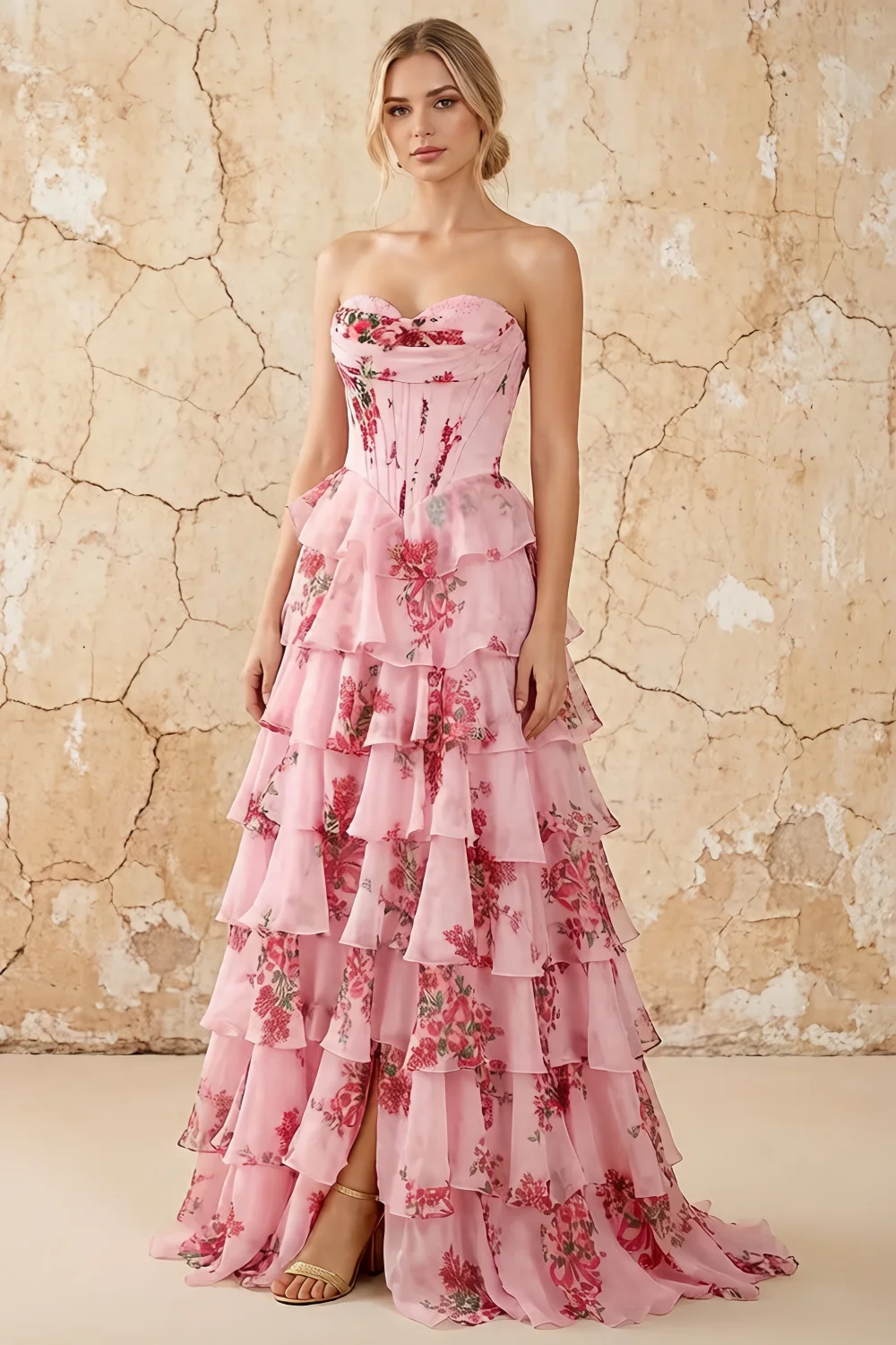 Martha Dusty Rose Floral Corset Ruffle A-line Maxi Dress