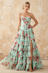 Martha Lake Blue Floral Corset Ruffle A-line Maxi Dress