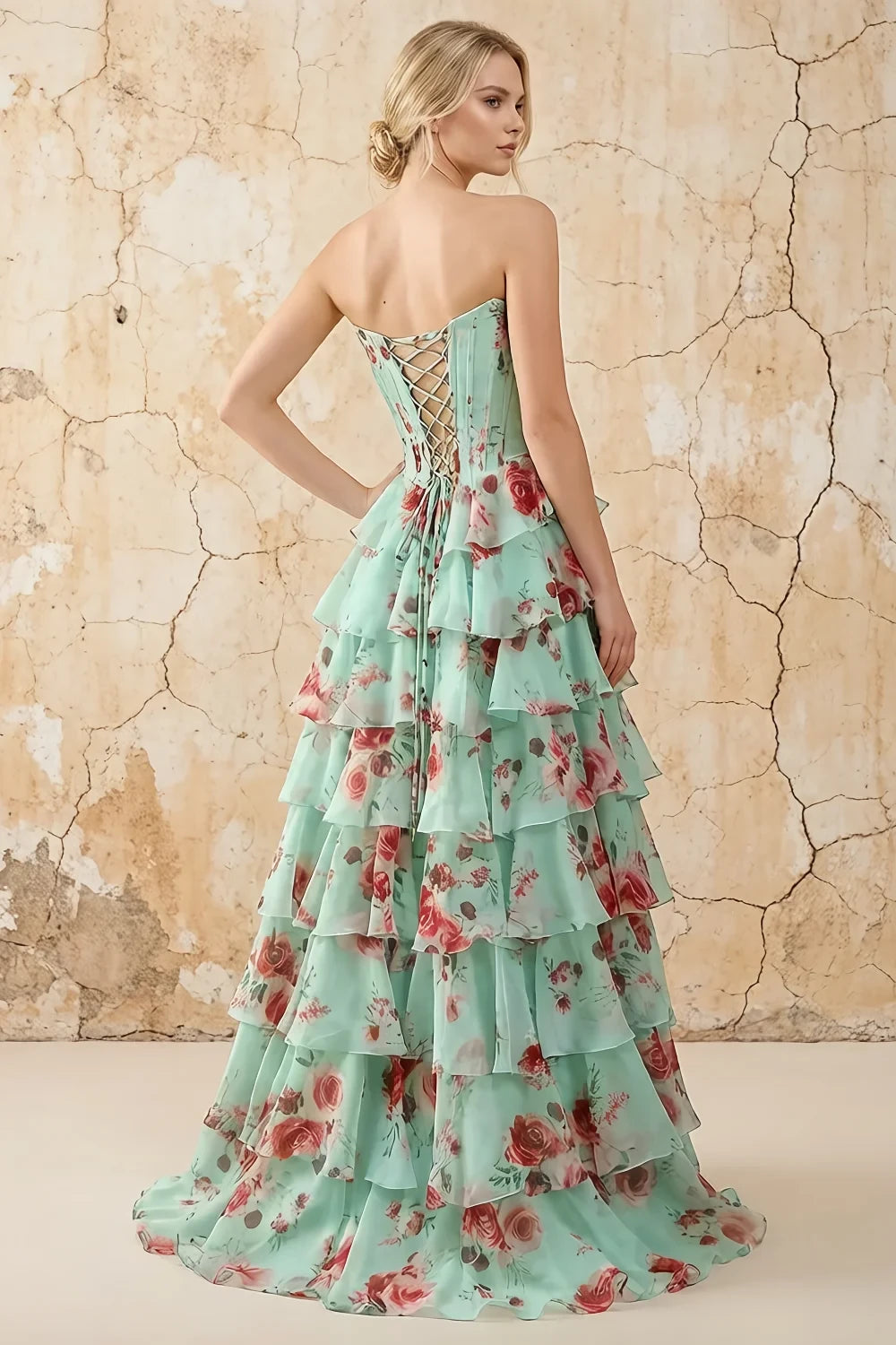 Translation missing: en.Martha Lake Blue Floral corset tiered ruffle A-line maxi dress with lace-up back and slit - product photo 2 content.product_image_secondary