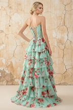 Martha Lake Blue Floral Corset Ruffle A-line Maxi Dress