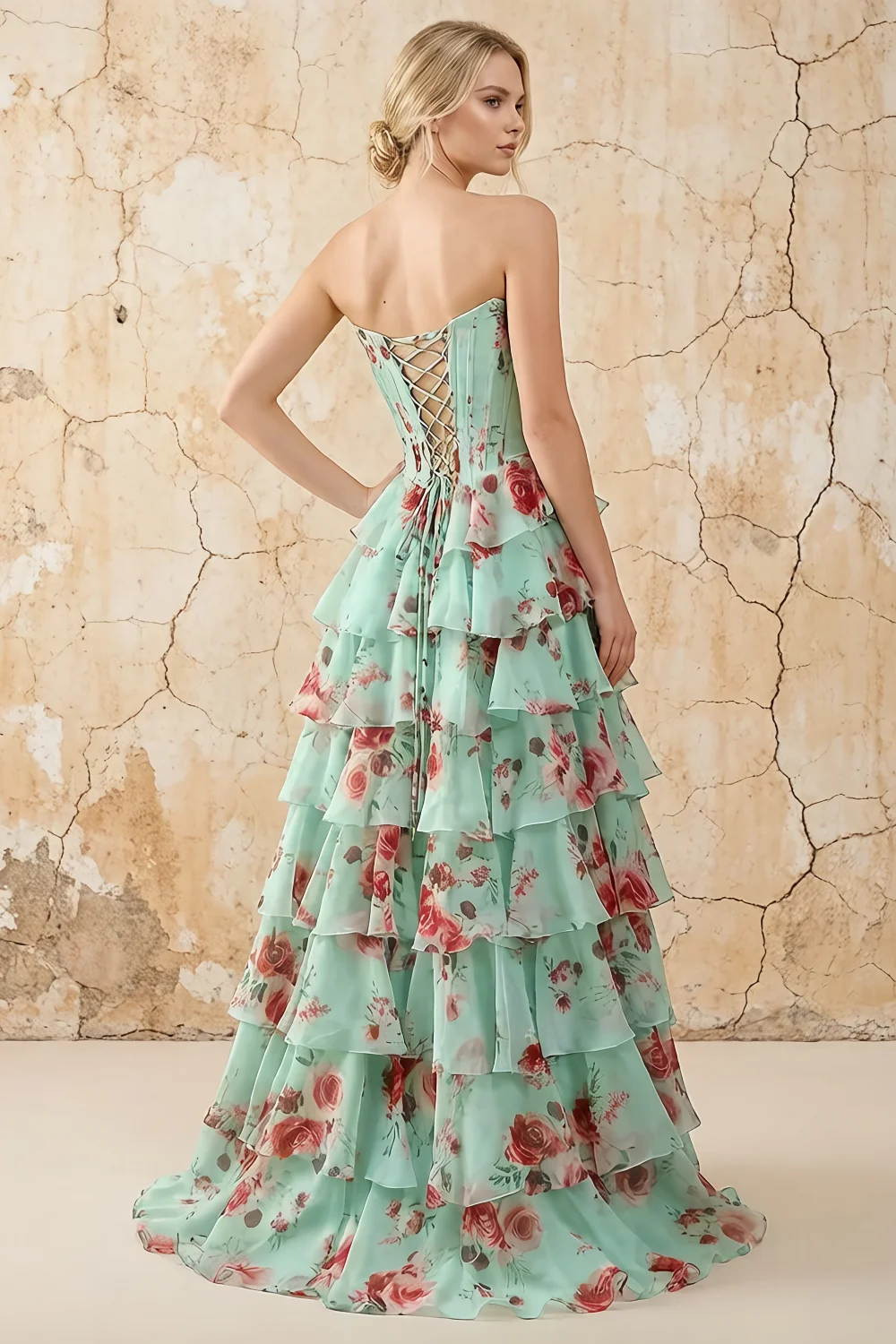 Martha Lake Blue Floral Corset Ruffle A-line Maxi Dress