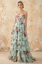 Martha Lake Blue Floral Corset Ruffle A-line Maxi Dress