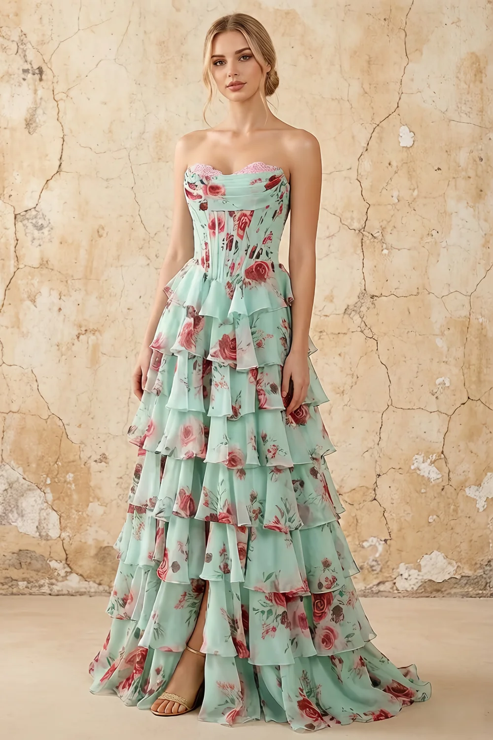 Martha Lake Blue Floral Corset Ruffle A-line Maxi Dress