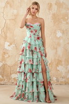Martha Lake Blue Floral Corset Ruffle A-line Maxi Dress