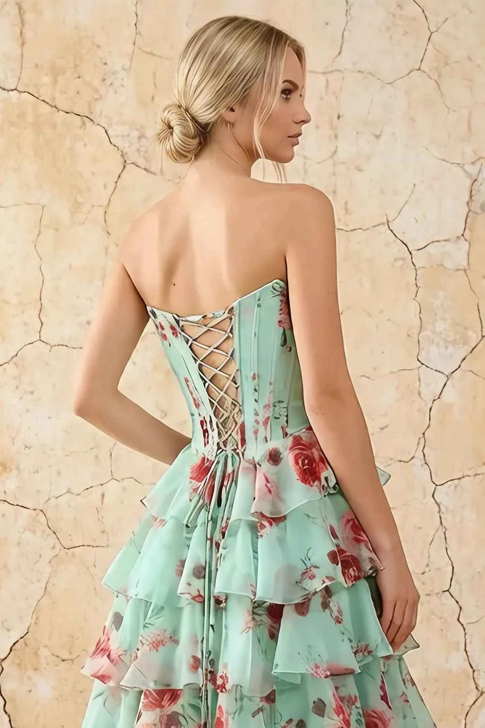 Martha Lake Blue Floral Corset Ruffle A-line Maxi Dress