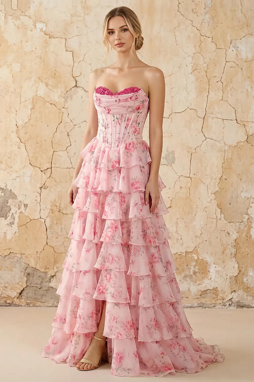 Martha Light Pink Floral Corset Ruffle A-line Maxi Dress