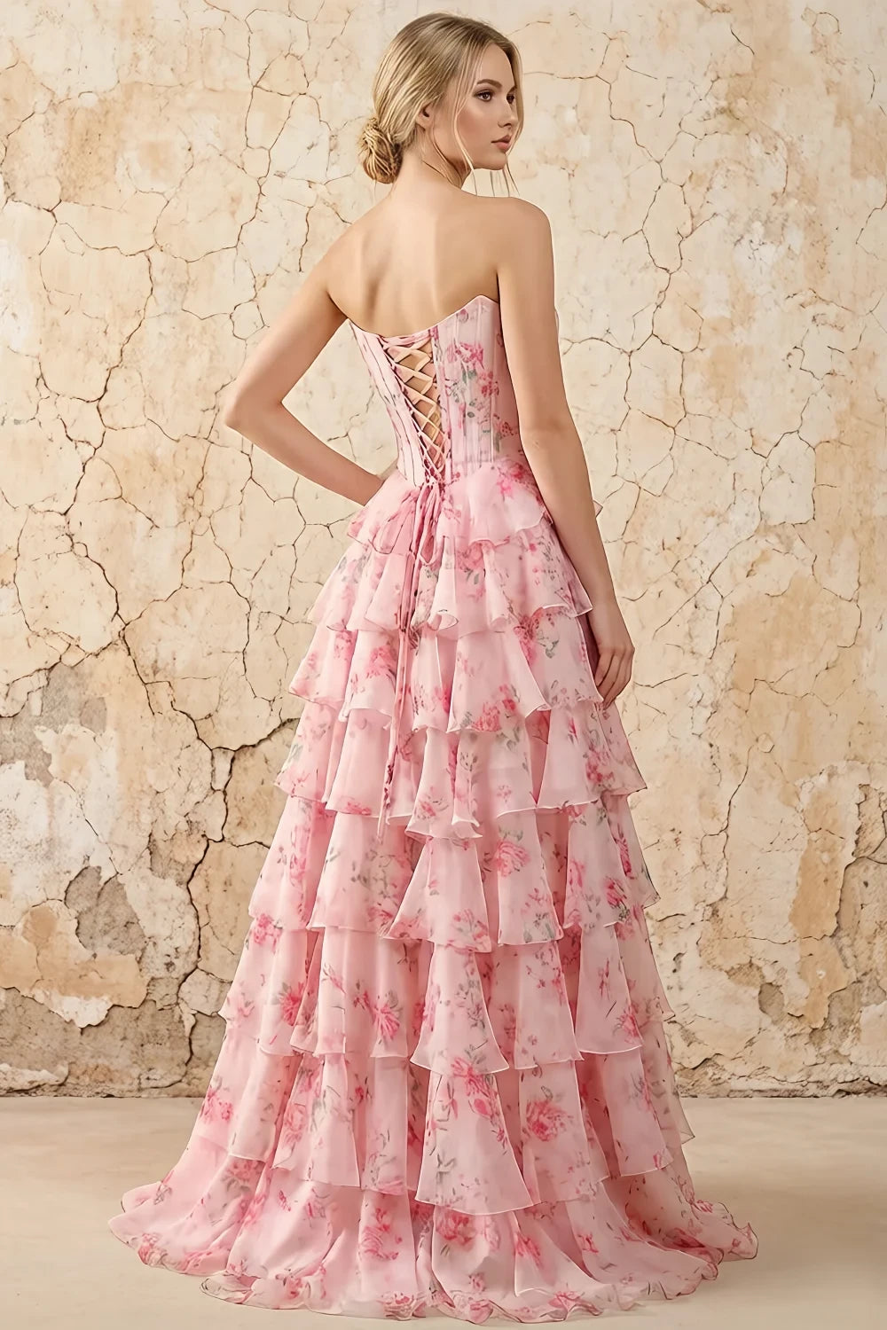 Translation missing: en.Martha Light Pink Floral corset tiered ruffle A-line maxi dress with lace-up back and slit - product photo 2 content.product_image_secondary
