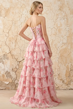 Martha Light Pink Floral Corset Ruffle A-line Maxi Dress