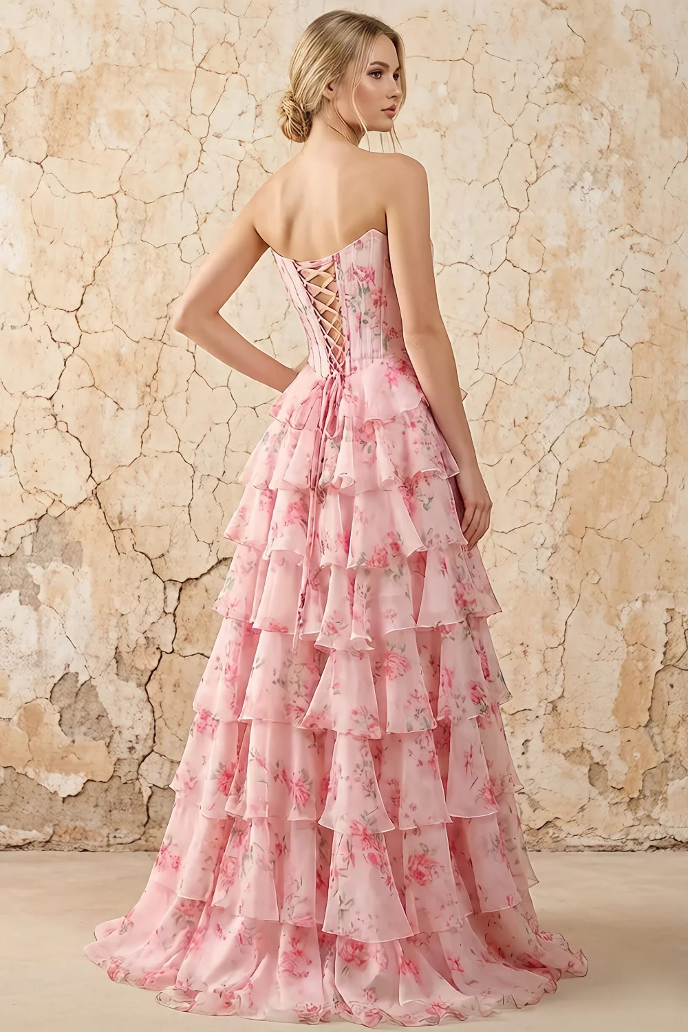 Martha Light Pink Floral Corset Ruffle A-line Maxi Dress