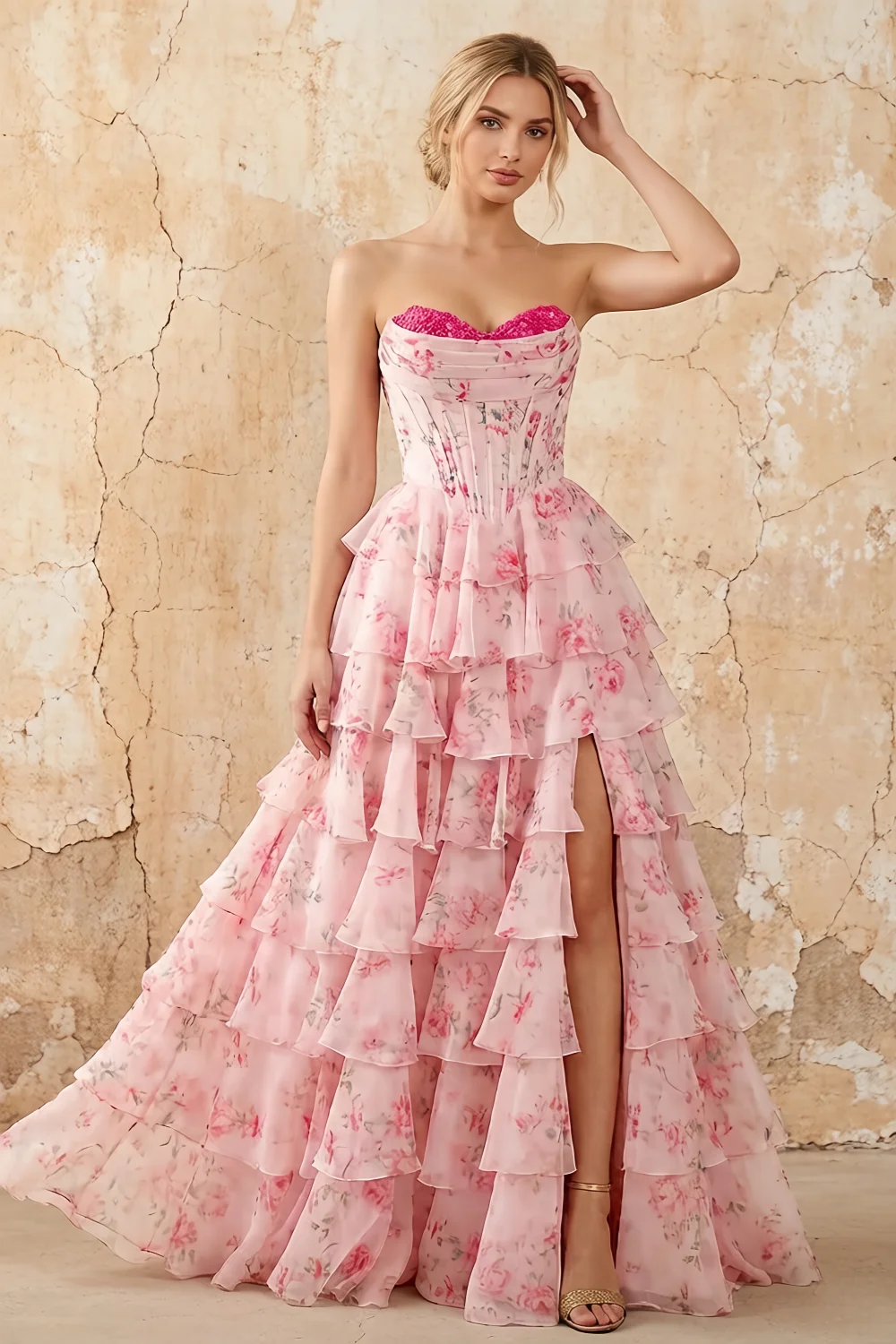 Martha Light Pink Floral Corset Ruffle A-line Maxi Dress