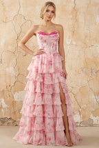 Martha Light Pink Floral Corset Ruffle A-line Maxi Dress