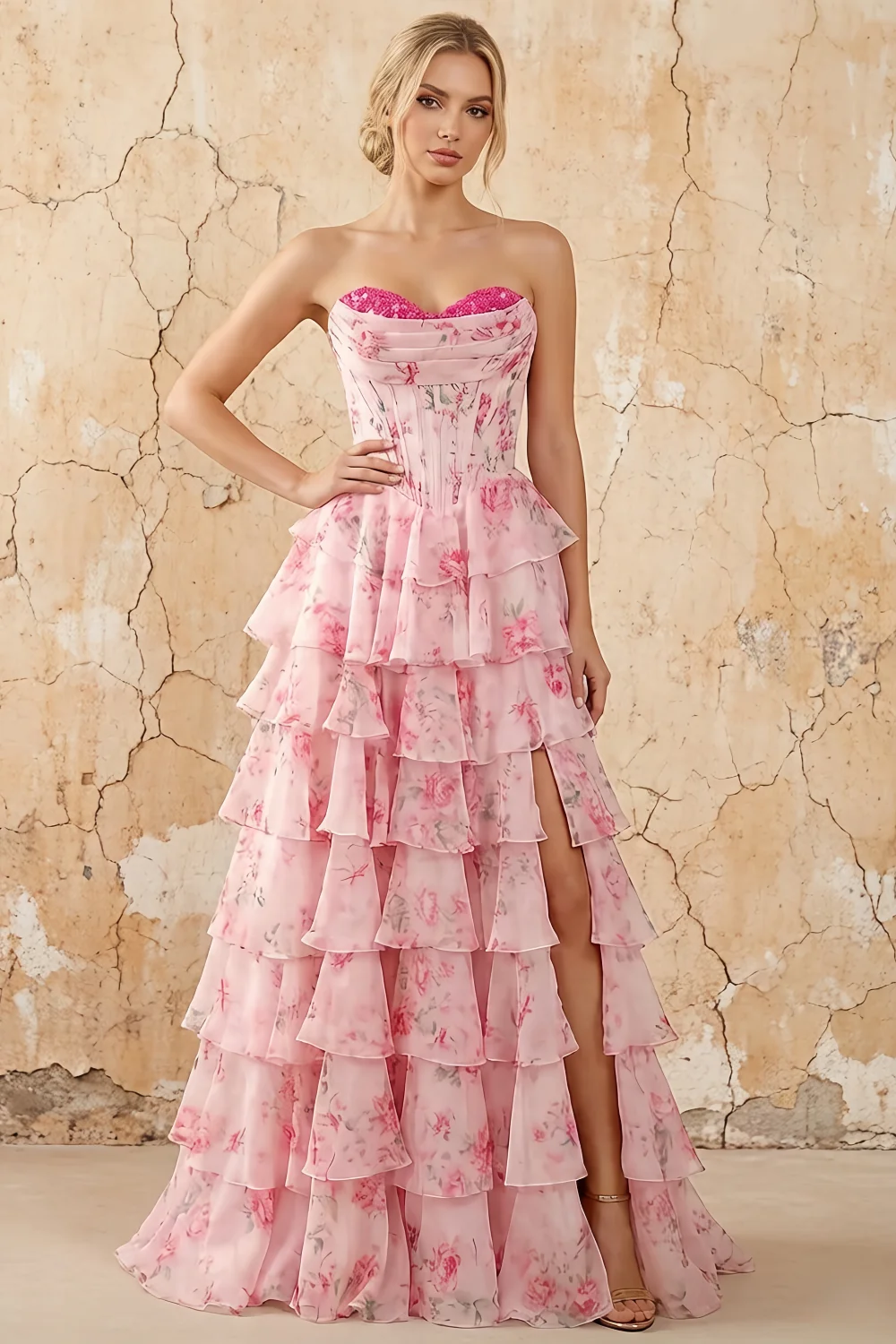 Martha Light Pink Floral Corset Ruffle A-line Maxi Dress