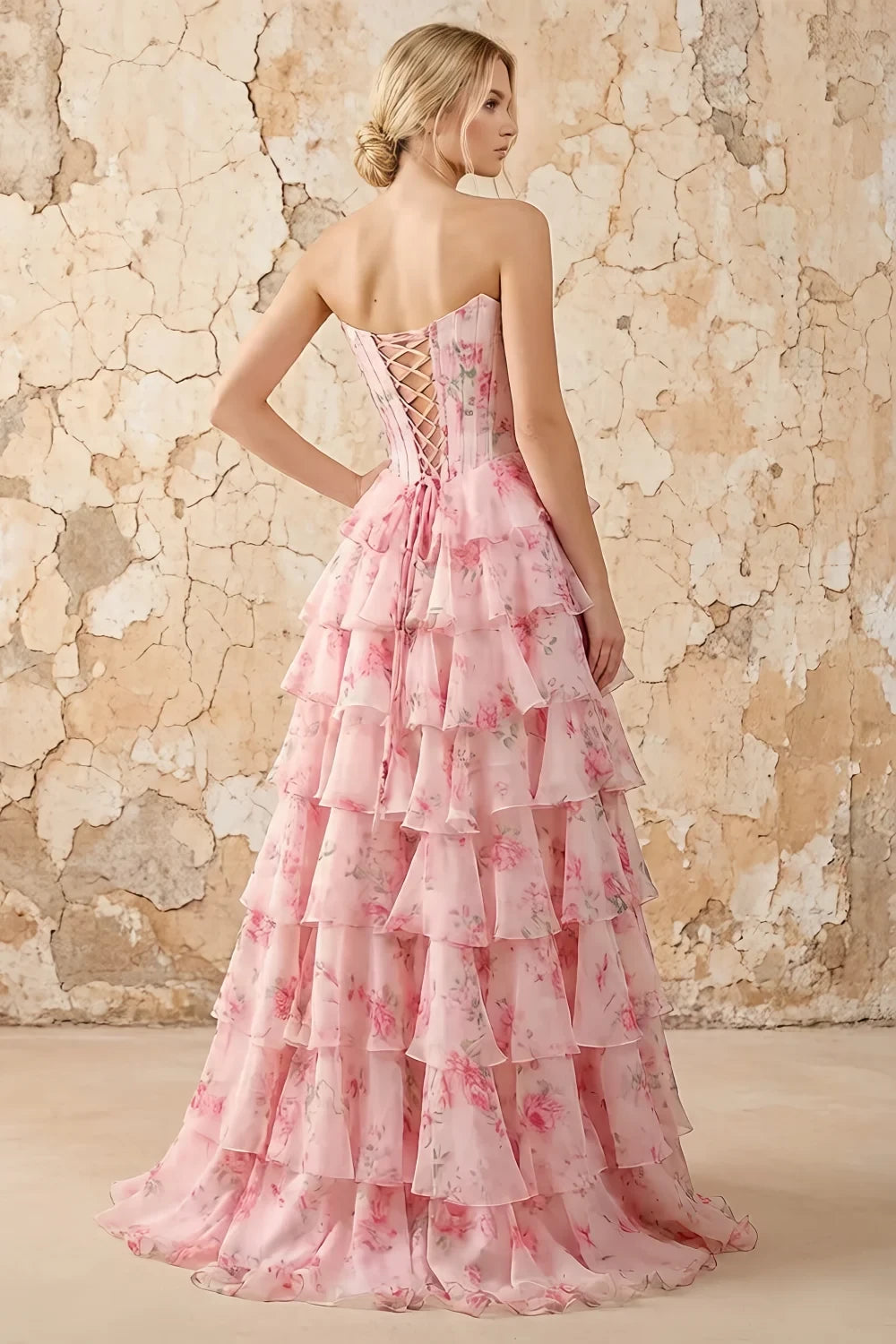 Translation missing: en.Martha Pink Floral corset tiered ruffle A-line maxi dress with lace-up back and slit - product photo 2 content.product_image_secondary