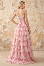 Martha Pink Floral Corset Ruffle A-line Maxi Dress