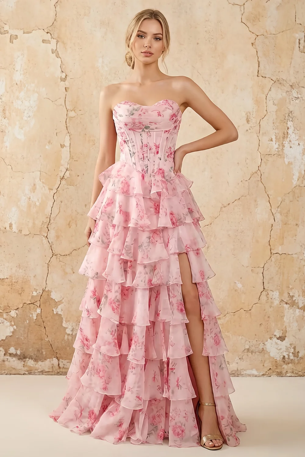 Martha Pink Floral Corset Ruffle A-line Maxi Dress