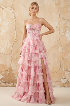 Martha Pink Floral Corset Ruffle A-line Maxi Dress