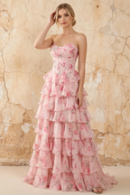 Martha Pink Floral Corset Ruffle A-line Maxi Dress