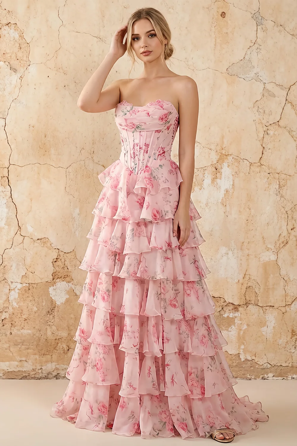Martha Pink Floral Corset Ruffle A-line Maxi Dress