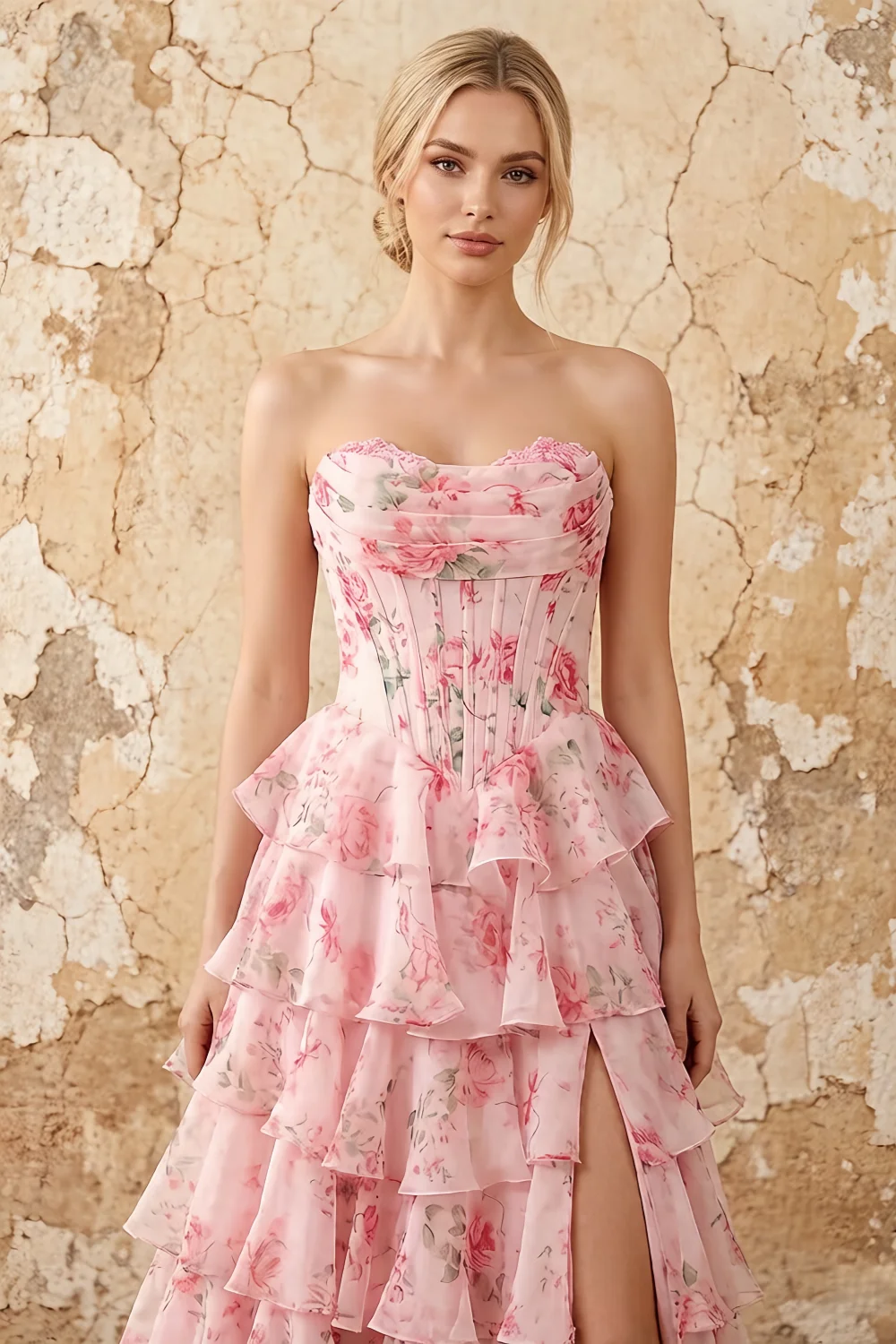 Martha Pink Floral Corset Ruffle A-line Maxi Dress