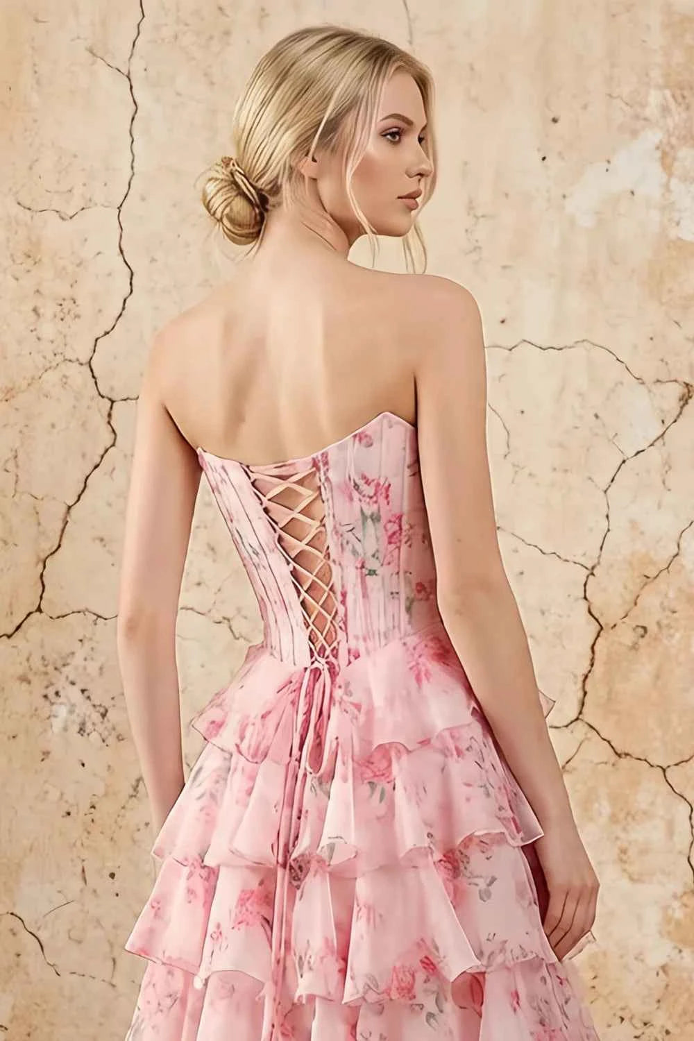 Martha Pink Floral Corset Ruffle A-line Maxi Dress