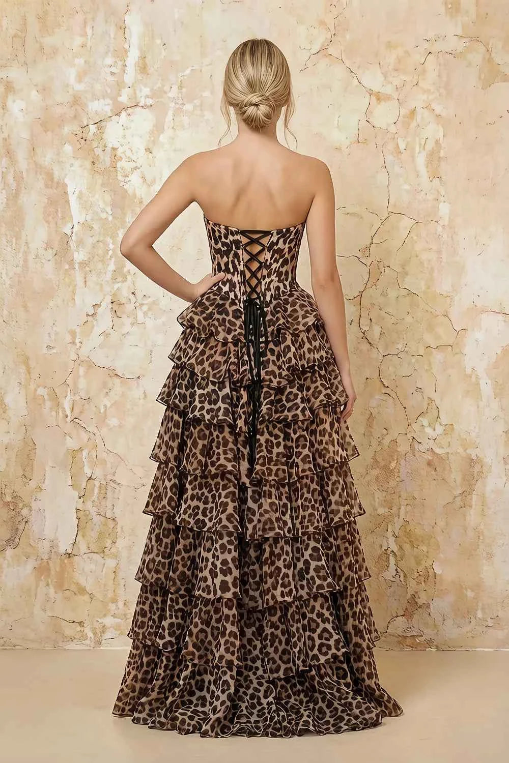 Mary Brown Leopard Strapless Ruffle Maxi Dress With Slit