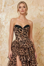 Mary Brown Leopard Strapless Ruffle Maxi Dress With Slit