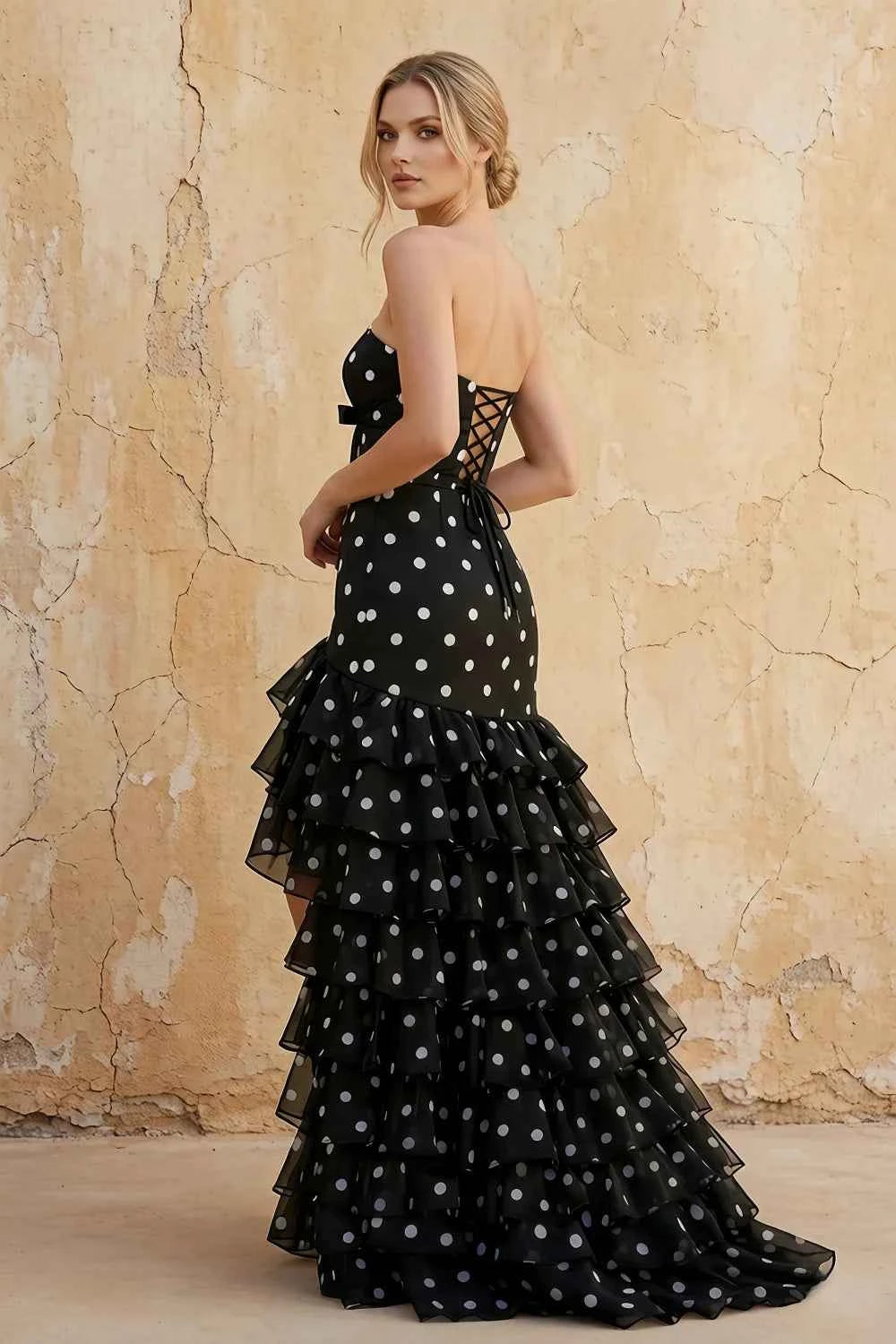 Translation missing: en.Matilda Black and White polka dot strapless tiered ruffle maxi dress with bow and slit - product photo 2 content.product_image_secondary