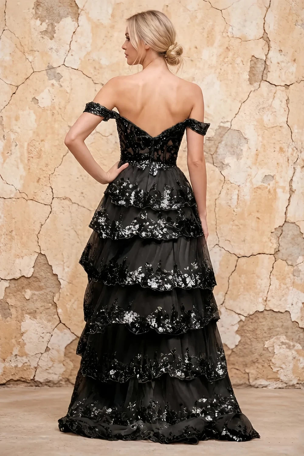 Translation missing: es.Maud Black sequin off-the-shoulder corset A-line ruffle dress - product photo 2 content.product_image_secondary