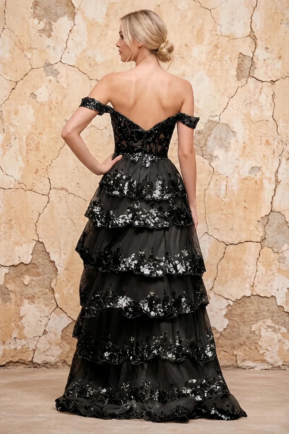Maud Black Sequin A Line Corset Ruffle Dress