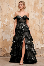 Maud Black Sequin A Line Corset Ruffle Dress