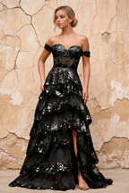 Maud Black Sequin A Line Corset Ruffle Dress
