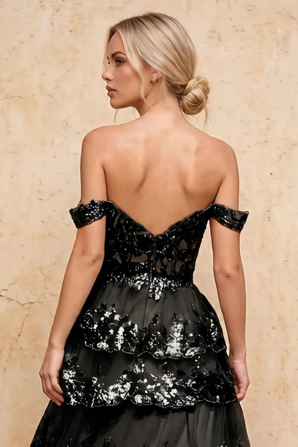 Maud Black Sequin A Line Corset Ruffle Dress
