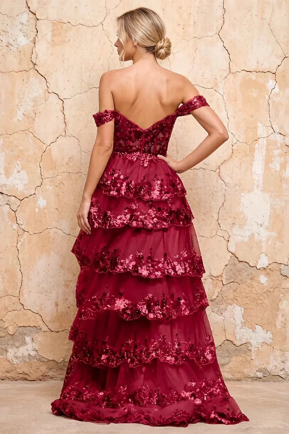 Translation missing: en.Maud Burgundy sequin off-the-shoulder corset A-line ruffle dress - product photo 2 content.product_image_secondary