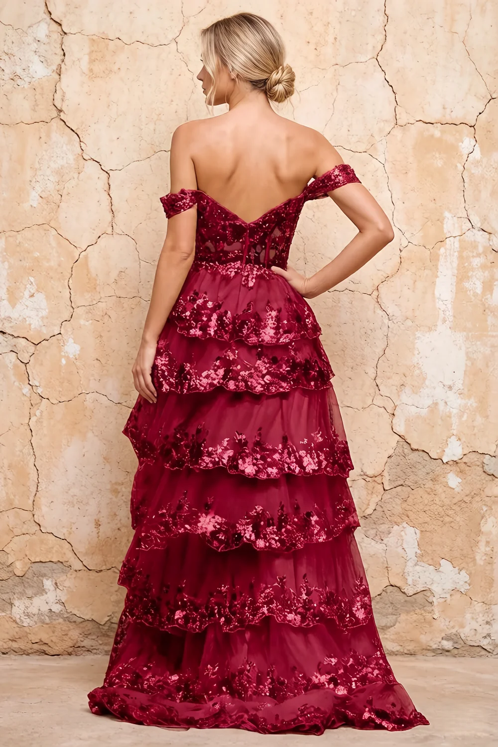 Maud Burgundy Sequin A Line Corset Ruffle Dress