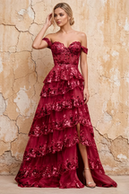 Maud Burgundy Sequin A Line Corset Ruffle Dress