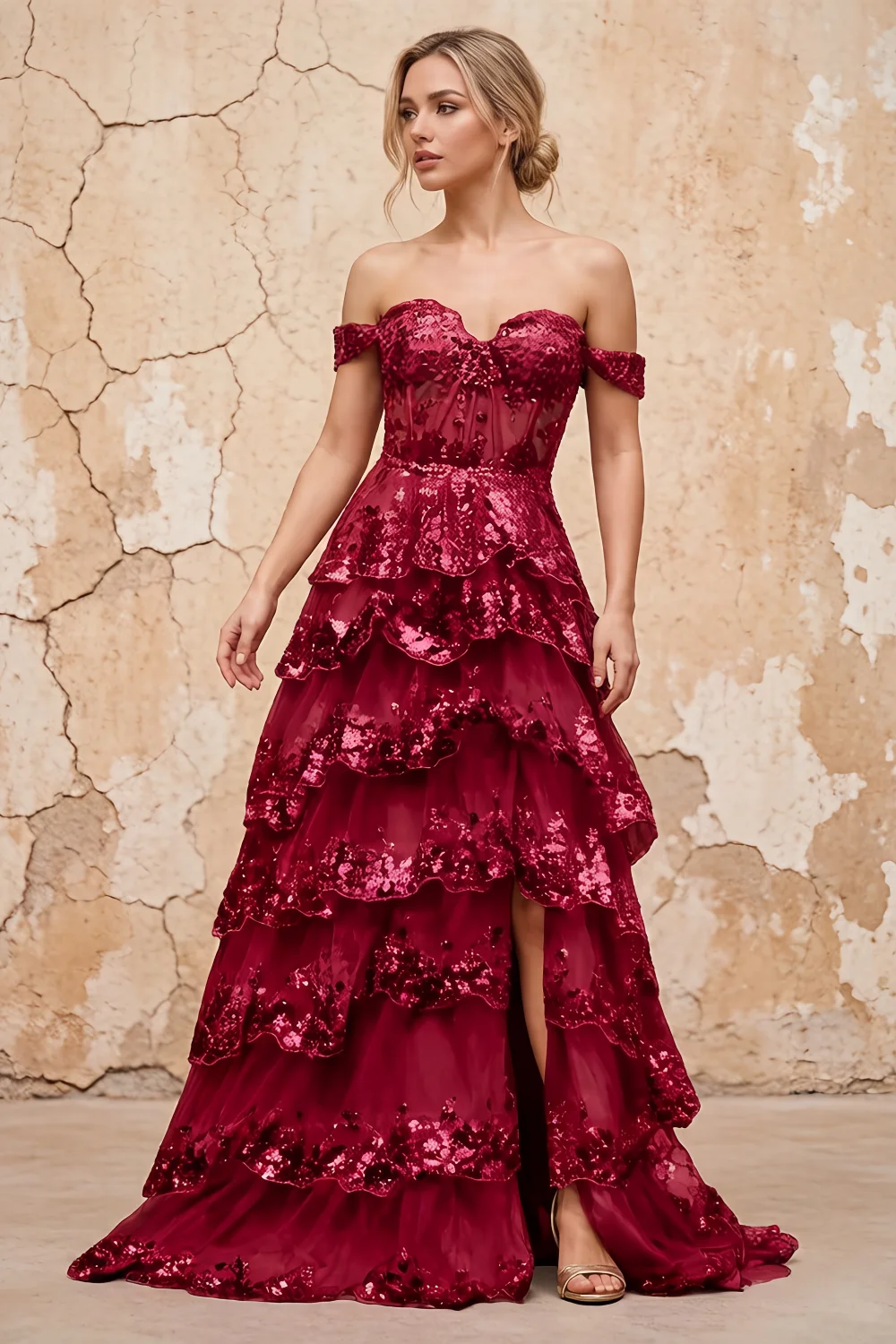 Maud Burgundy Sequin A Line Corset Ruffle Dress