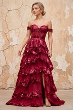 Maud Burgundy Sequin A Line Corset Ruffle Dress