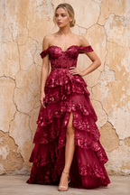 Maud Burgundy Sequin A Line Corset Ruffle Dress