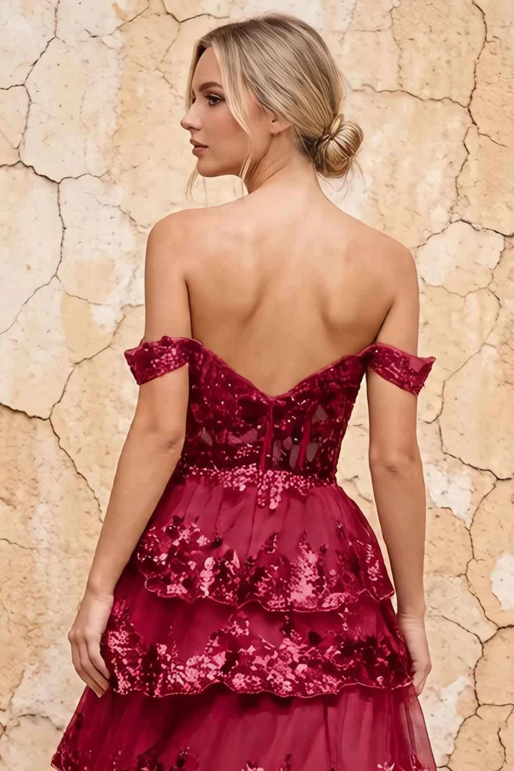 Maud Burgundy Sequin A Line Corset Ruffle Dress