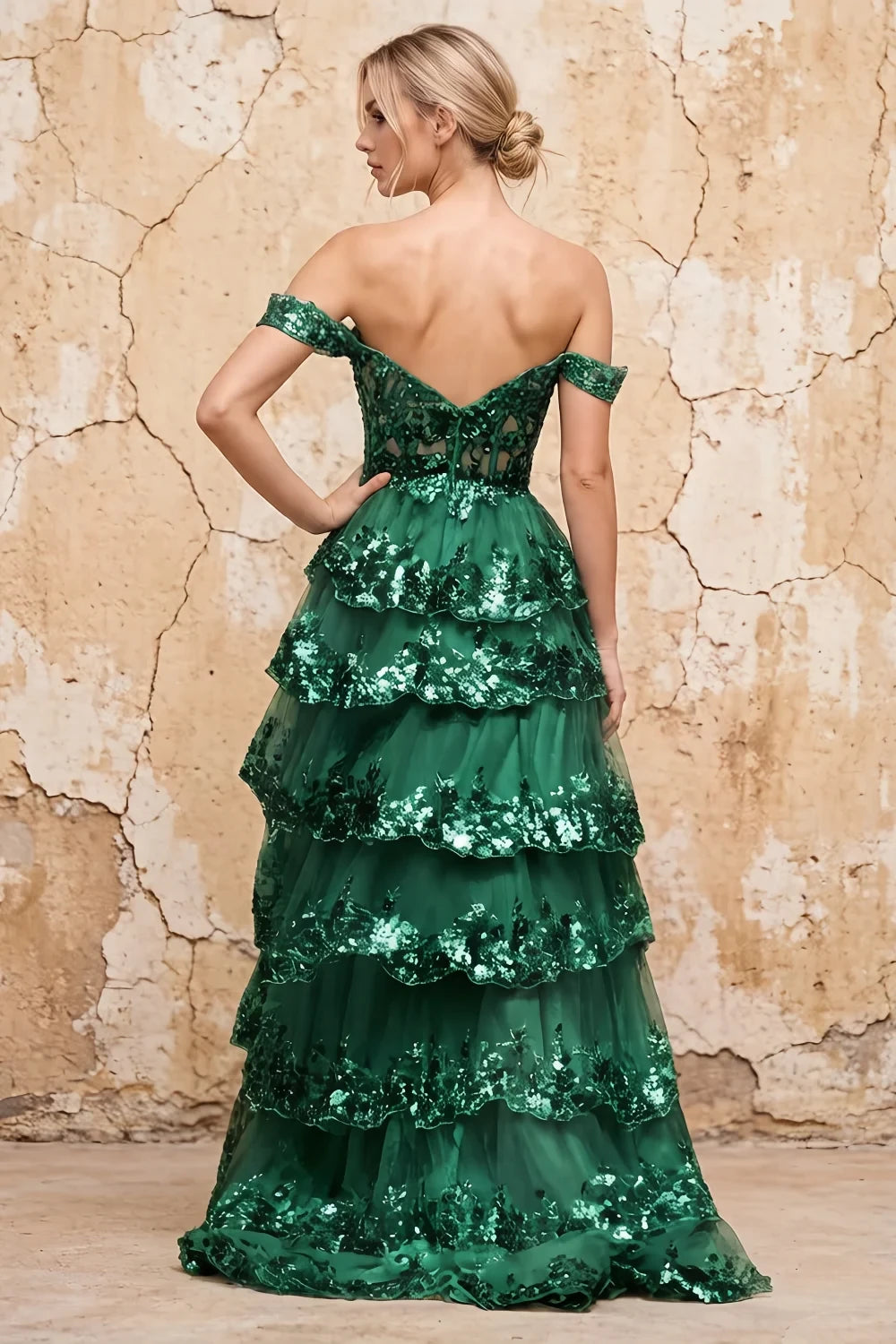 Translation missing: en.Maud Emerald Green sequin off-the-shoulder corset A-line ruffle dress - product photo 2 content.product_image_secondary
