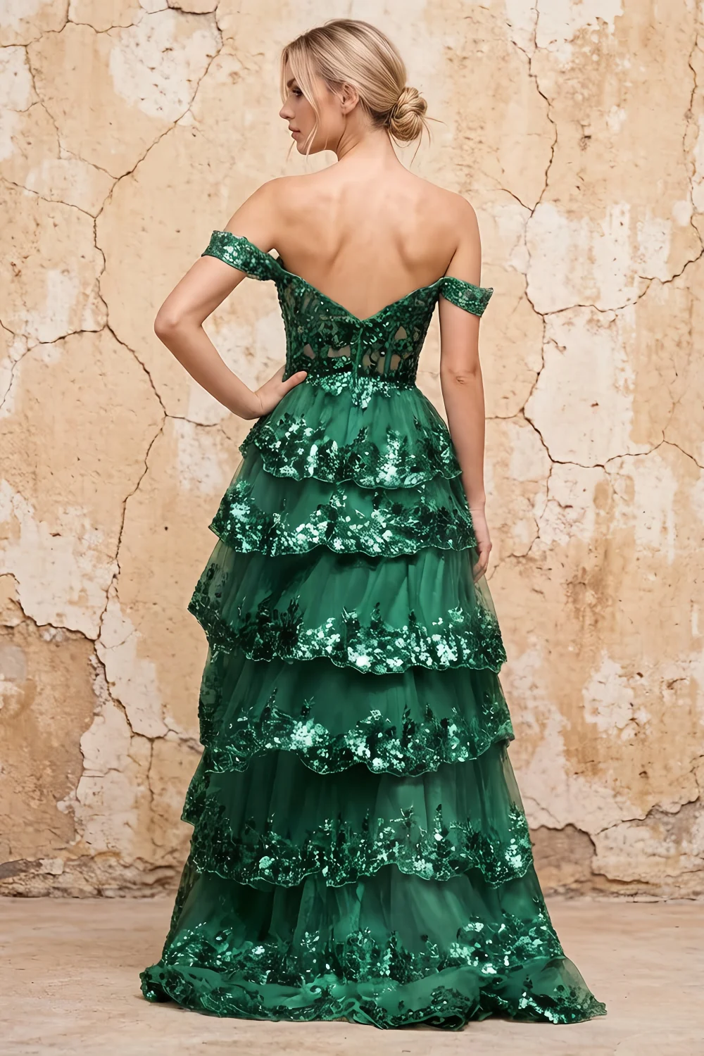 Maud Emerald Green Sequin A Line Corset Ruffle Dress