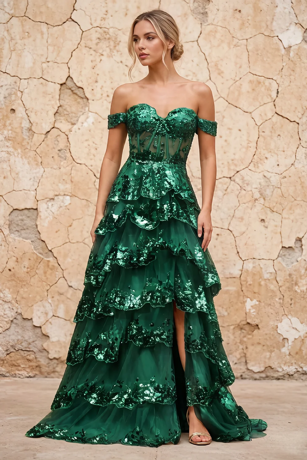 Maud Emerald Green Sequin A Line Corset Ruffle Dress
