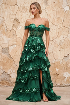 Maud Emerald Green Sequin A Line Corset Ruffle Dress