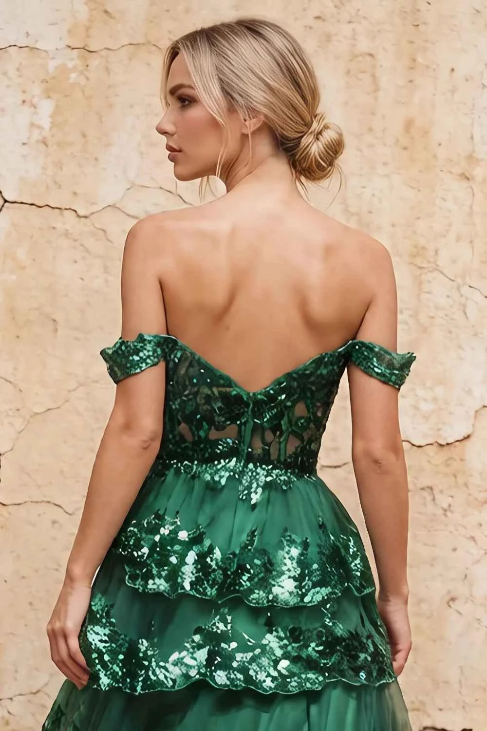 Maud Emerald Green Sequin A Line Corset Ruffle Dress