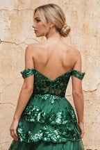 Maud Emerald Green Sequin A Line Corset Ruffle Dress