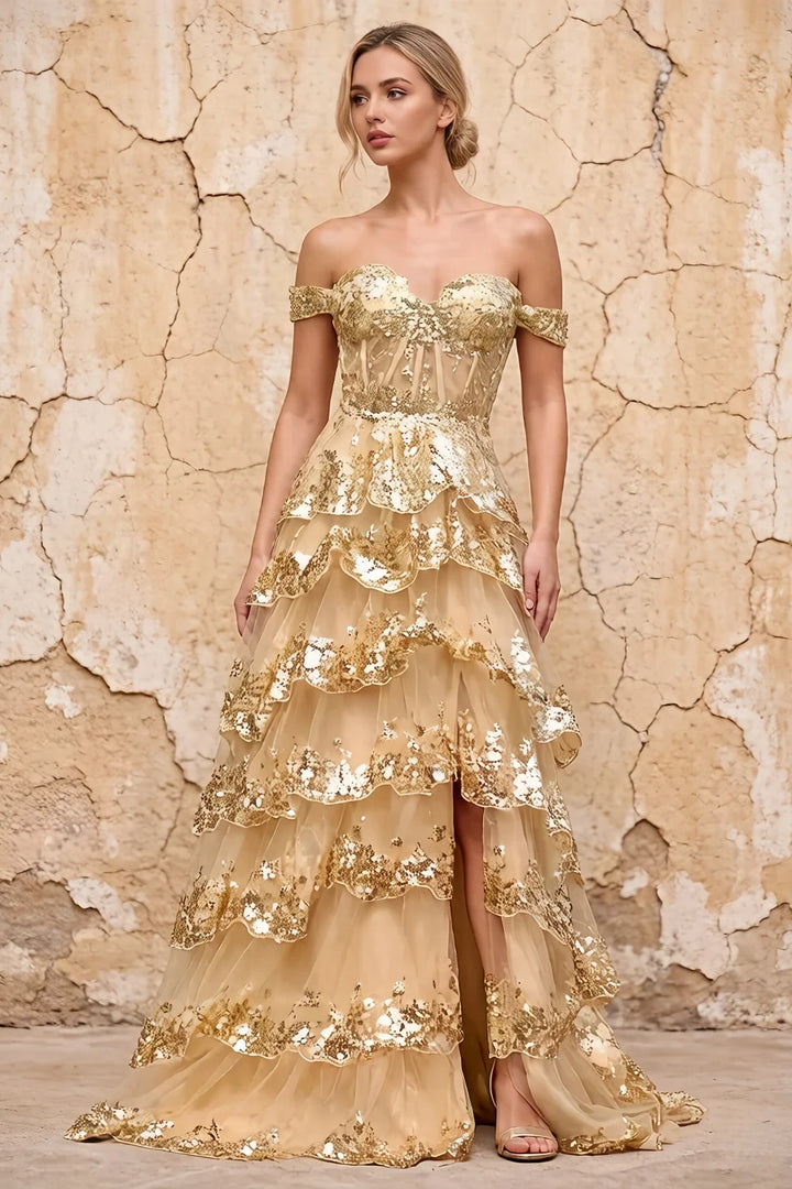 Maud Gold Sequin A Line Corset Ruffle Dress