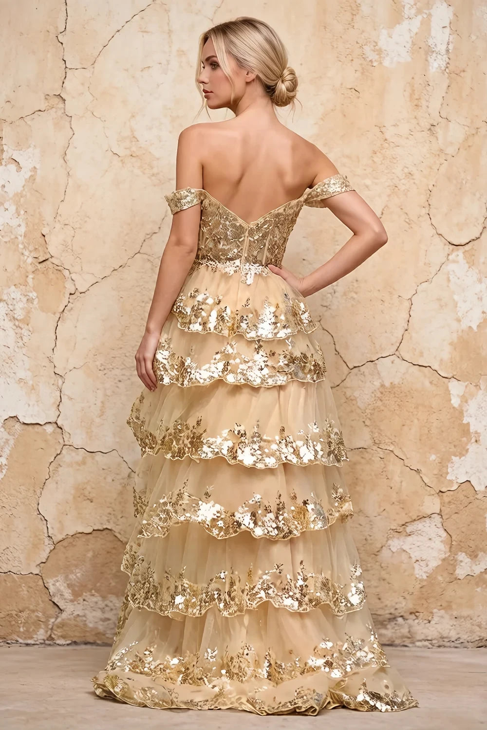 Translation missing: en.Maud Gold sequin off-the-shoulder corset A-line ruffle dress - product photo 2 content.product_image_secondary